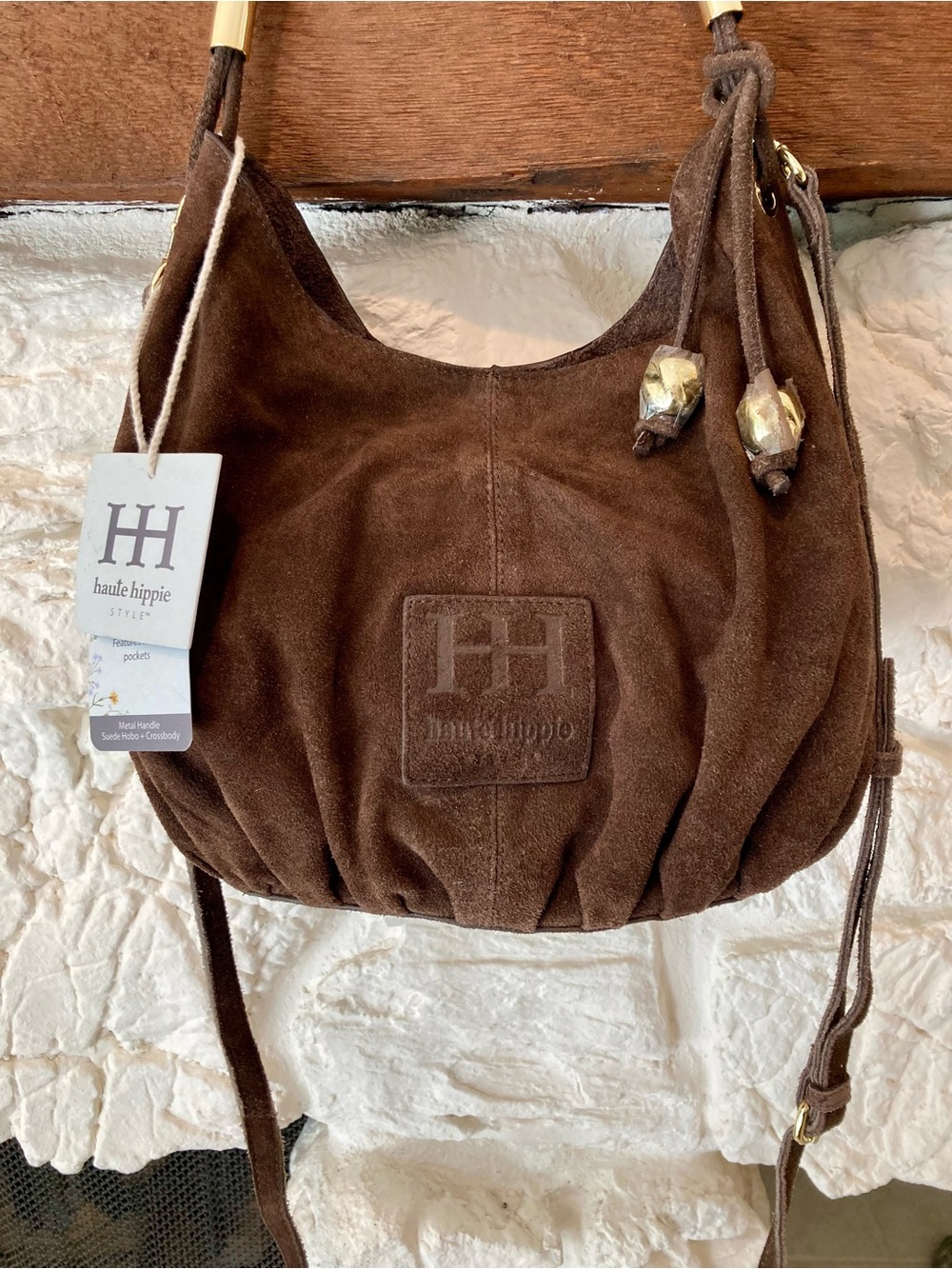 NWT Haute Hippie Brown Suede Hobo Bag/Crossbody with Gold Arched Handle - Picture 14 of 16